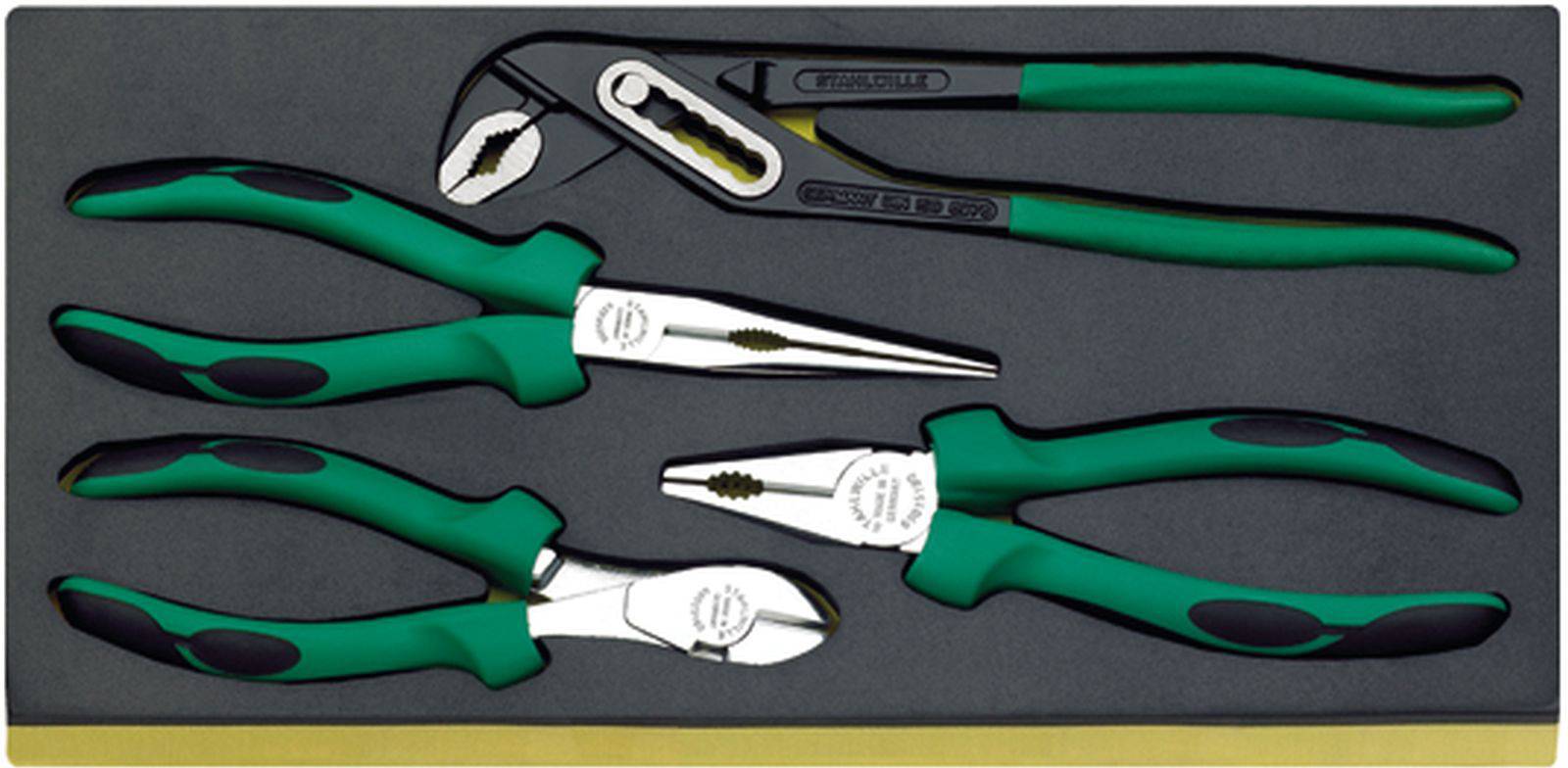 Tool set with four green pliers in a moulded case. Contains combination pliers, water pump pliers, side cutters and needle-nose pliers.