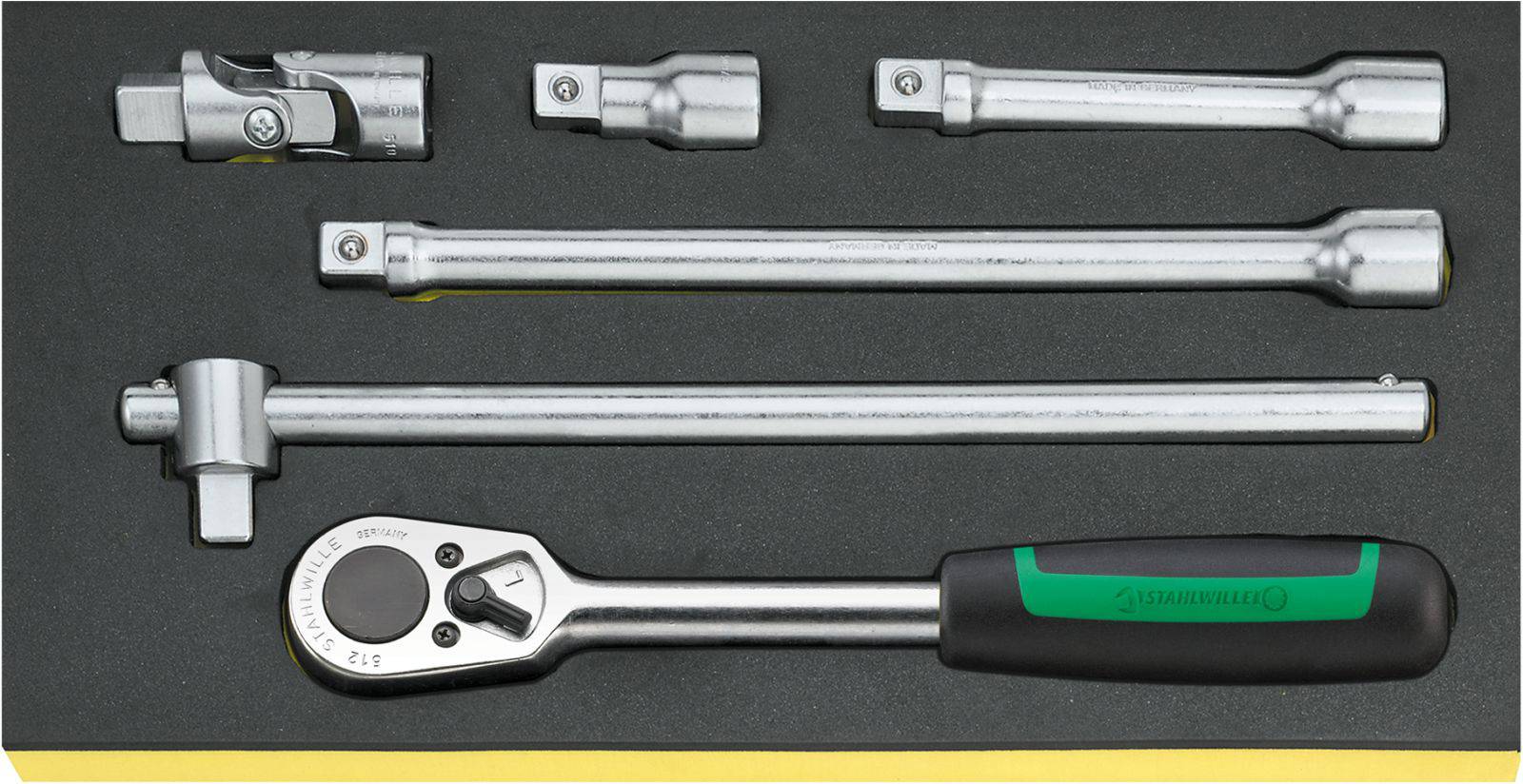 A toolkit with a ratchet, two extension bars and three socket adapters in a foam insert.