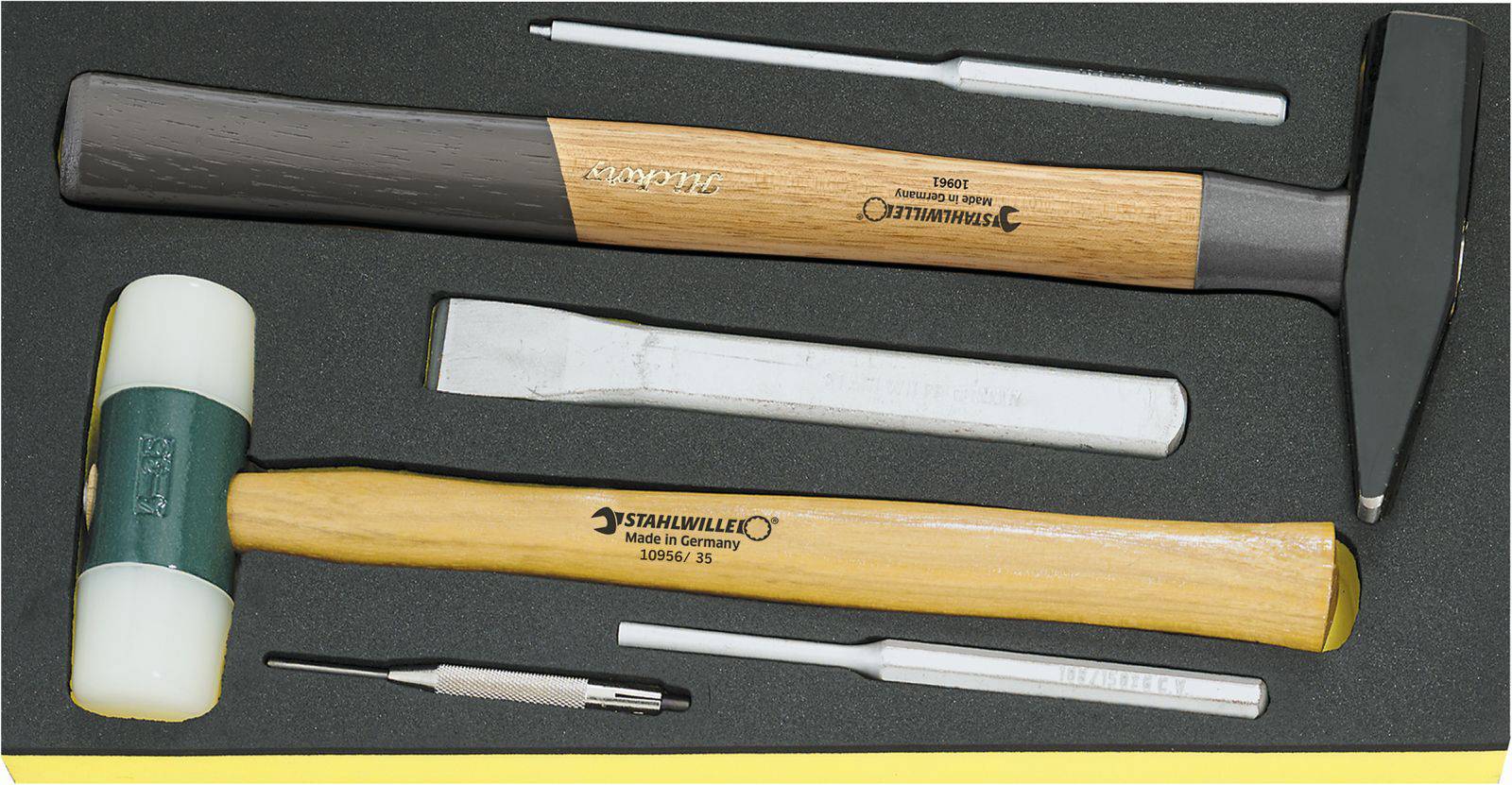 A set of five different tools, including a hammer, chisel and pencil, arranged on a black background.