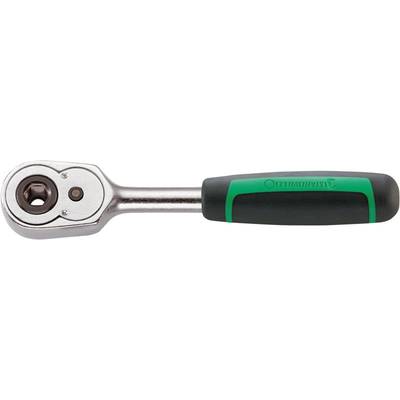 Ratchet with a green and black handle and metallic head, suitable for socket keys. Used for tightening or loosening screws.