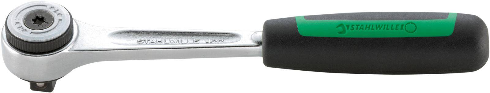 A silver ratchet with a black and green handle, suitable for use when tightening bolts with socket wrenches.