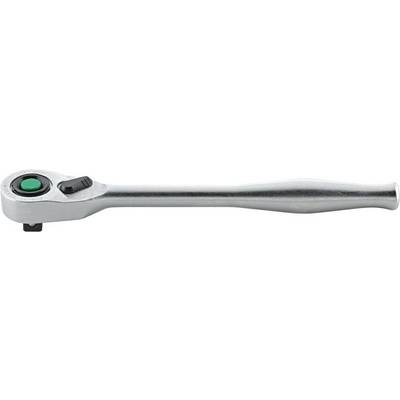 A silver ratchet with a black switch and a green button on the top, for use in screw-related tasks.