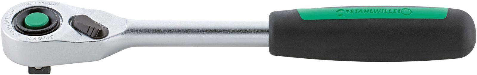 A ratchet with a black handle and a silver head with a green button. A tool for tightening screws.