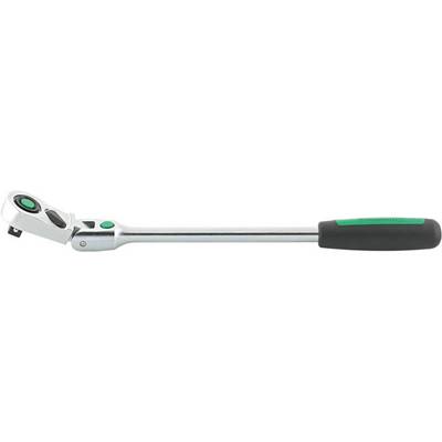 Ratchet spanner with adjustable head and green-black handle, suitable for quickly tightening or loosening screws.