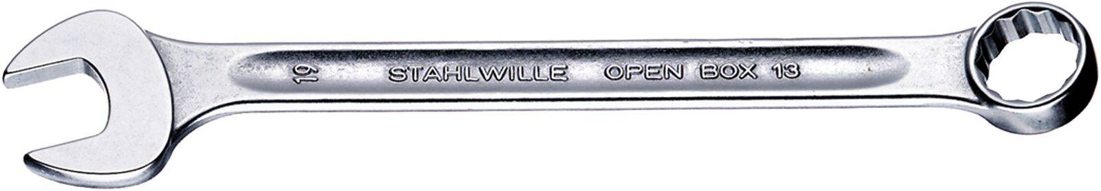A chrome vanadium steel double-ended spanner, left jaw open, right jaw ring-shaped. Inscription: 'STAHLWILLE OPEN BOX 19'.