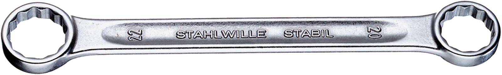 A silver double ring spanner with 'Stahlwille' in the centre, size markings '22' and '26' at the ends.