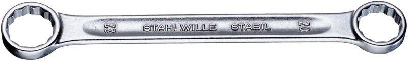 A silver double ring spanner with size markings of 22 and 23. Text 'STAHLWILLE STAHL' engraved on the surface.