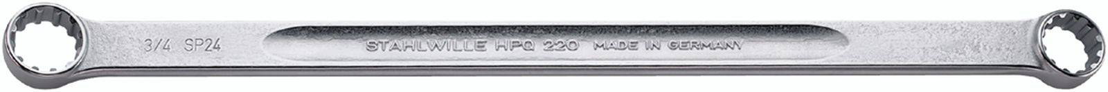 A silver ring spanner with two identical ends and the engraving 'STAHLWILLE 17x19 28x22 MADE IN GERMANY' on the side.