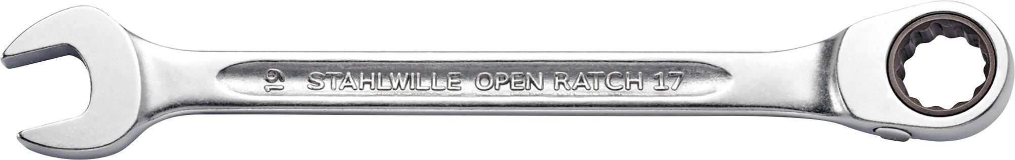 A silver spanner with an open-ended and ring end. In the middle it reads 'STAHLWILLE OPEN RATCH 17'.