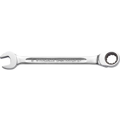 Steel spanner with open-end and ratchet ring. Engraved with 'STAHLWILLE OPEN RATCH 17'. Suitable for working with screws.