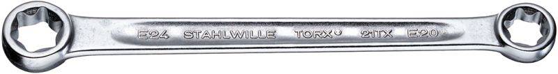 A chrome-plated spanner with Torx profiles at both ends, with 'Stahlwille Torx E20' stamped on it.