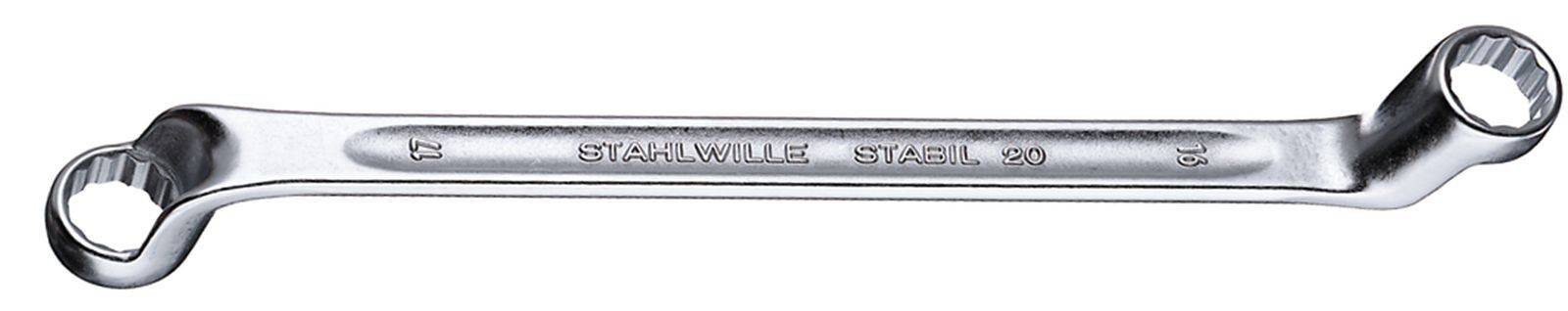 'Metal double-headed spanner with the inscription "Stahlville Steel 90", suitable for tightening or loosening nuts.'