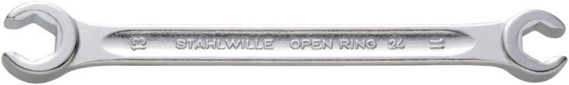 Silver, double-sided ring spanner with the inscription 'STAHLWILLE OPEN RING 32'.