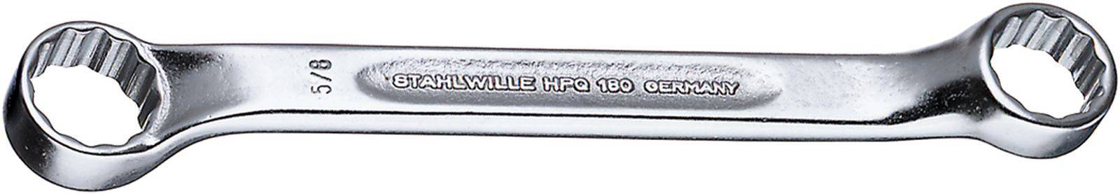 A silver ring spanner with two open ends, bearing the inscription '5/8 STAHLWILLE HPQ 130 GERMANY'.