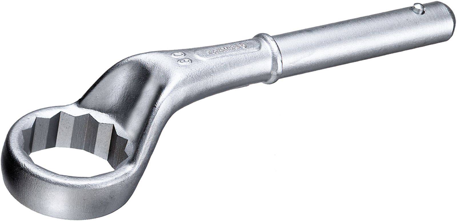 A silver-coloured ring spanner with a serrated end for securing bolt heads, used for maintenance work.