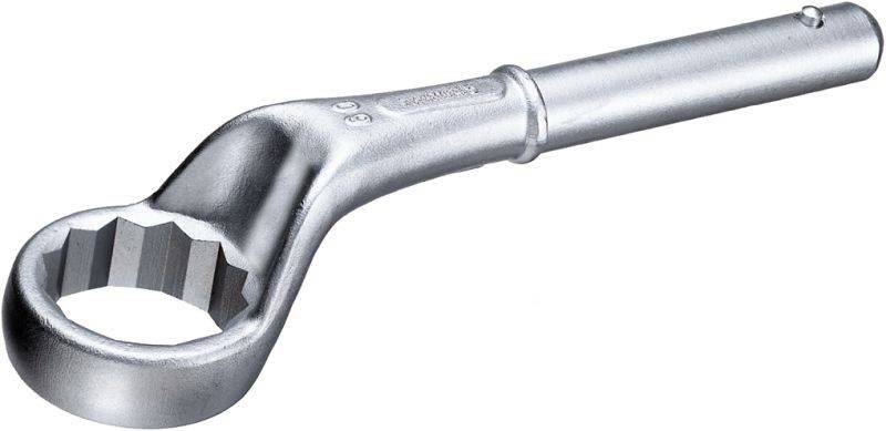 A silver ring spanner with a long handle, suitable for loosening nuts or bolts.