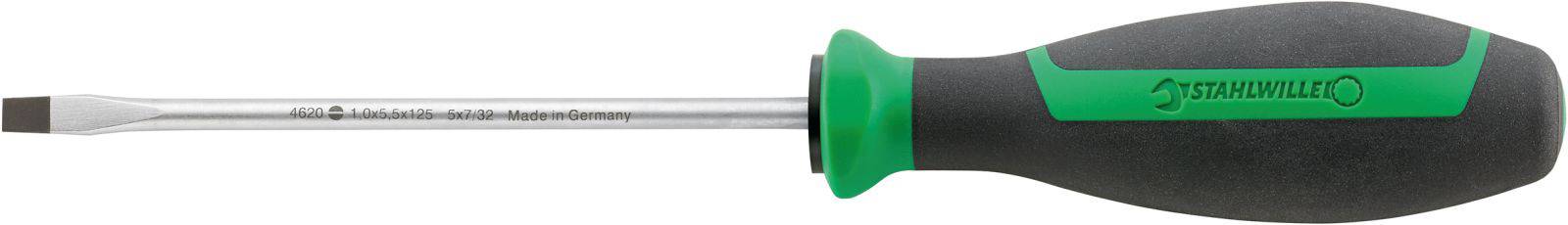Flathead screwdriver with green and black handle, suitable for standard screws.