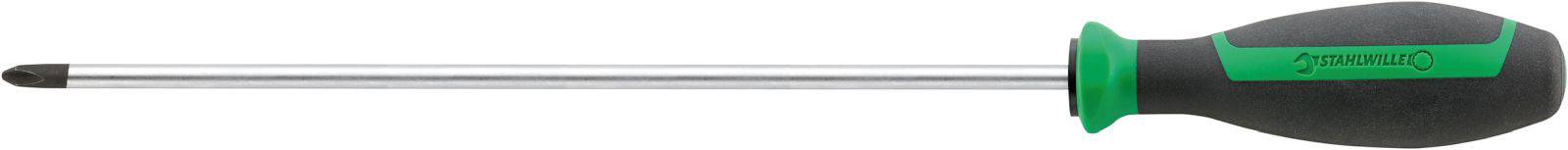 Cross-head screwdriver with black and green handle, long metal shaft and cross-point tip.
