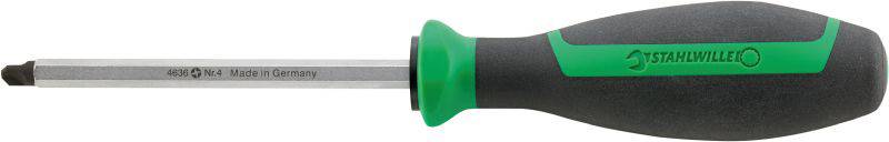A green and black screwdriver lying on its side, showing the 'STAHLWILLE' brand on the handle.