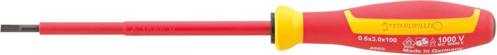 Red screwdriver with yellow handle, insulated for high voltages, suitable for professional electrical work.
