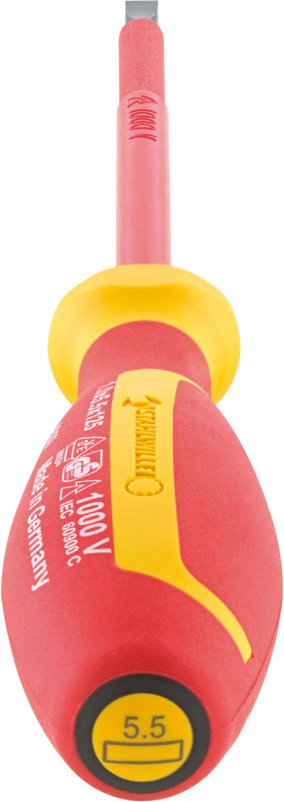 Screwdriver with red handle and yellow detail, suitable for voltages up to 1000V, with a flat-head tip.