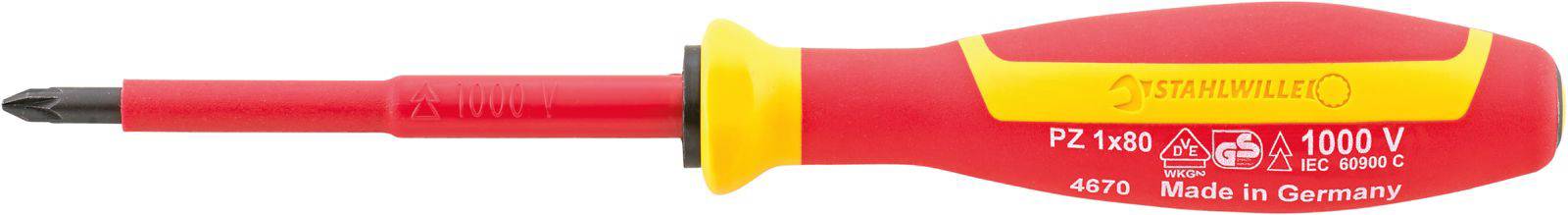 An insulated screwdriver with a red handle and yellow border, suitable for work up to 1000 V, manufactured in Germany.