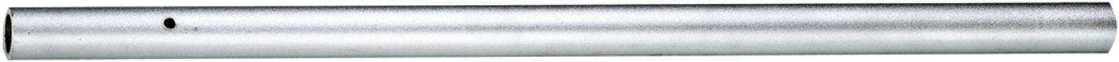 A long, silver metal rod with a small hole near its left end.