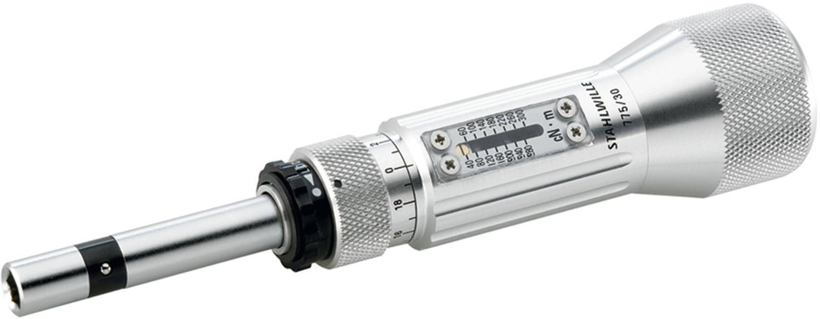 Torque wrench with scale for adjusting torque, silver-coloured, knurled handle for better grip.