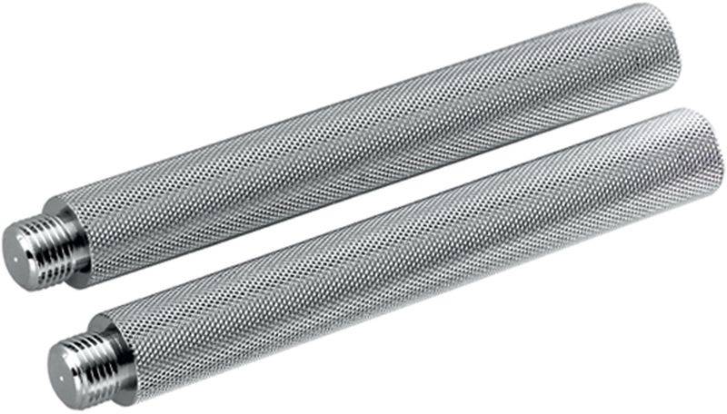 Two silver, cylindrical threaded rods with a ribbed surface positioned side by side on a white background.