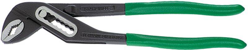 A green water pump pliers with an adjustable head and black frame. Used for gripping pipes and nuts.