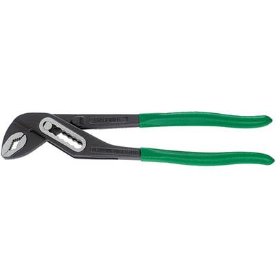 Water pump pliers with a black head and green handles, in an open position. Tool for pipe fixing and adjustment.
