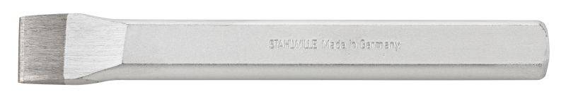 Steel chisel with a flat cutting edge and engraved text on the side. Used for metalworking.