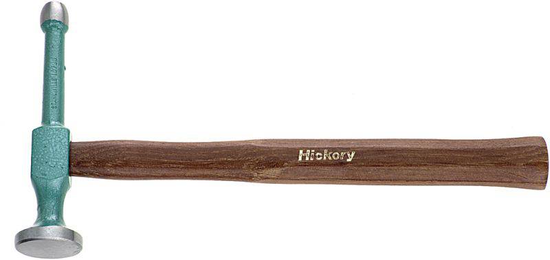 A hammer with a green head and brown handle made of hickory wood.