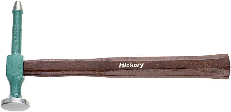 A hammer with a green head and a hickory wooden handle, side view.