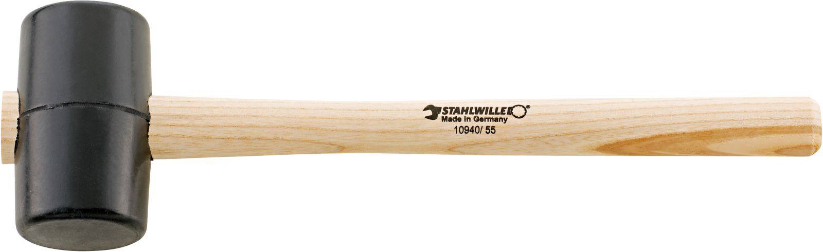 Rubber hammer with wooden handle, black striking surface. Handle inscription reads: 'Stahlwille - Made in Germany'.