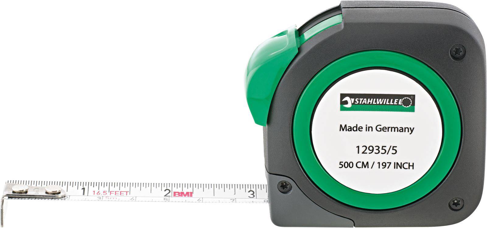 A green measuring tape with the inscription 'Made in Germany, 500 cm / 197 inch'. The tape is partially extended, showing centimetre and inch markings.
