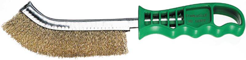 'Wire brush with green plastic handle, curved head with brass bristles, suitable for cleaning grills or metal surfaces.'