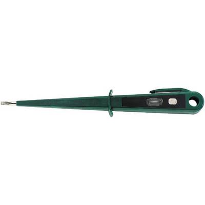 Green voltage tester, a handy tool for measuring electrical voltage, with a flat metal tip and clip.