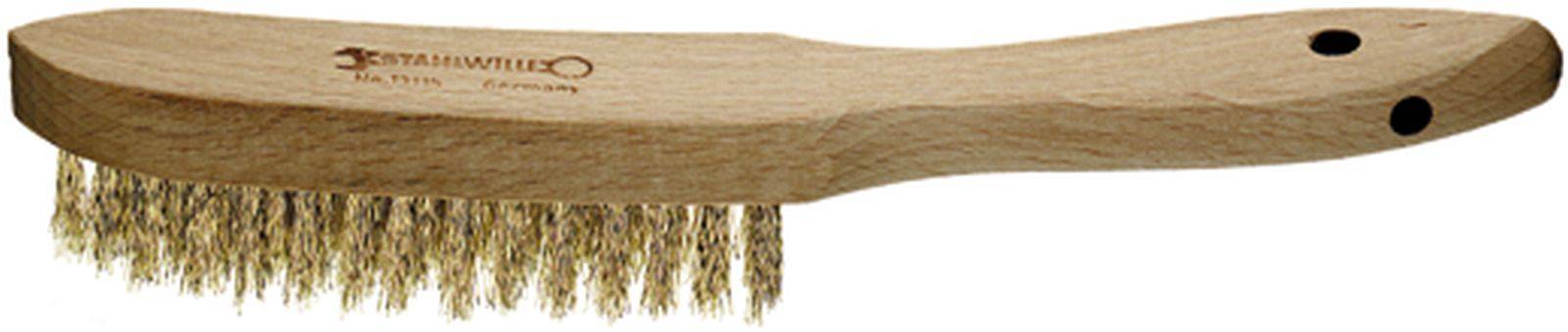Wooden-handled brush with brass-coloured bristles, suitable for cleaning surfaces or barbecue grills. Dishwasher safe.