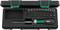 A tool set in an open case with a screwdriver handle, bits and sockets in various sizes.