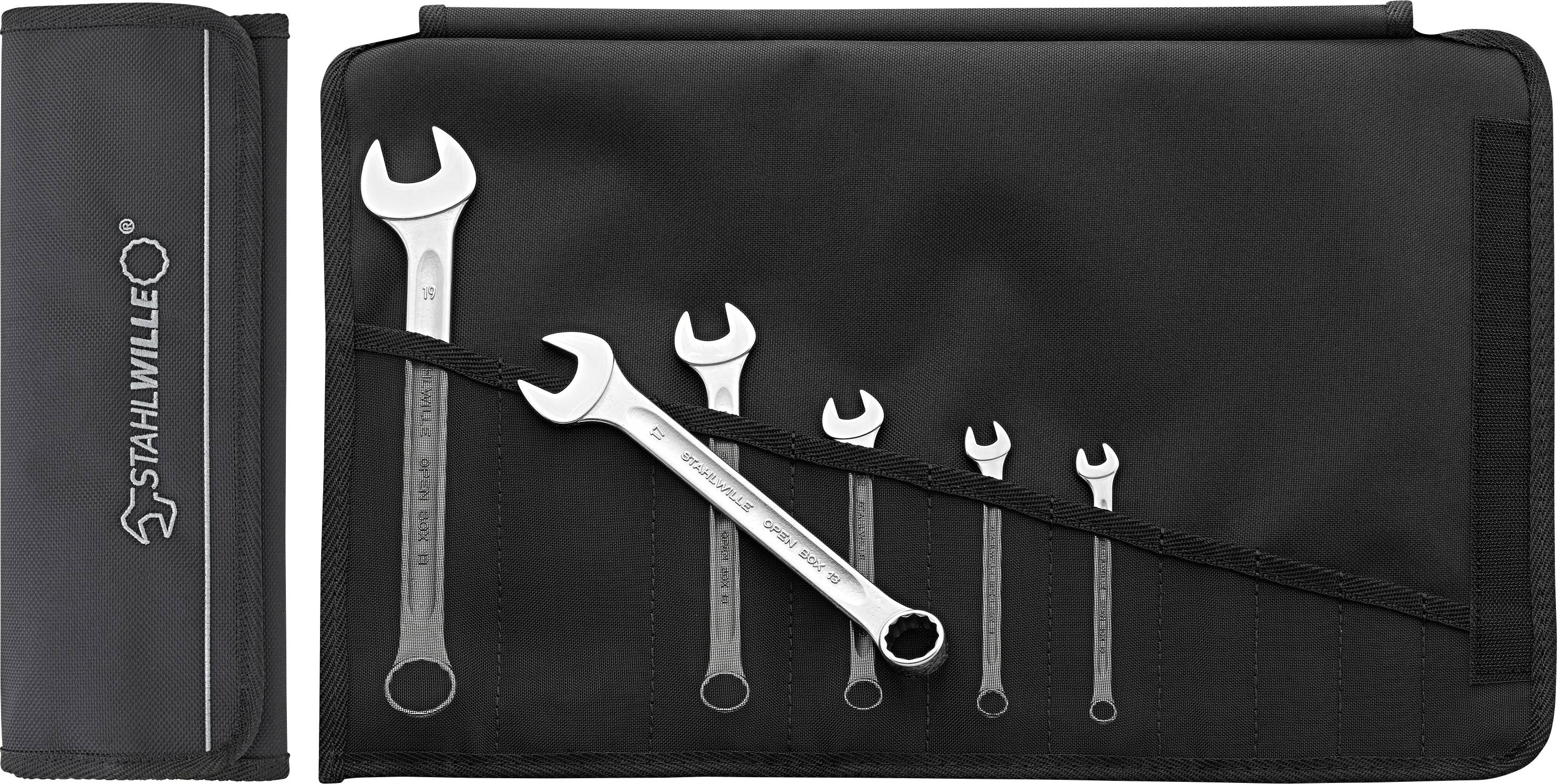 A set of six open-end wrenches, ranging in size, displayed in a black tool roll labeled 'STAHLWILLE' with compartments for each tool.