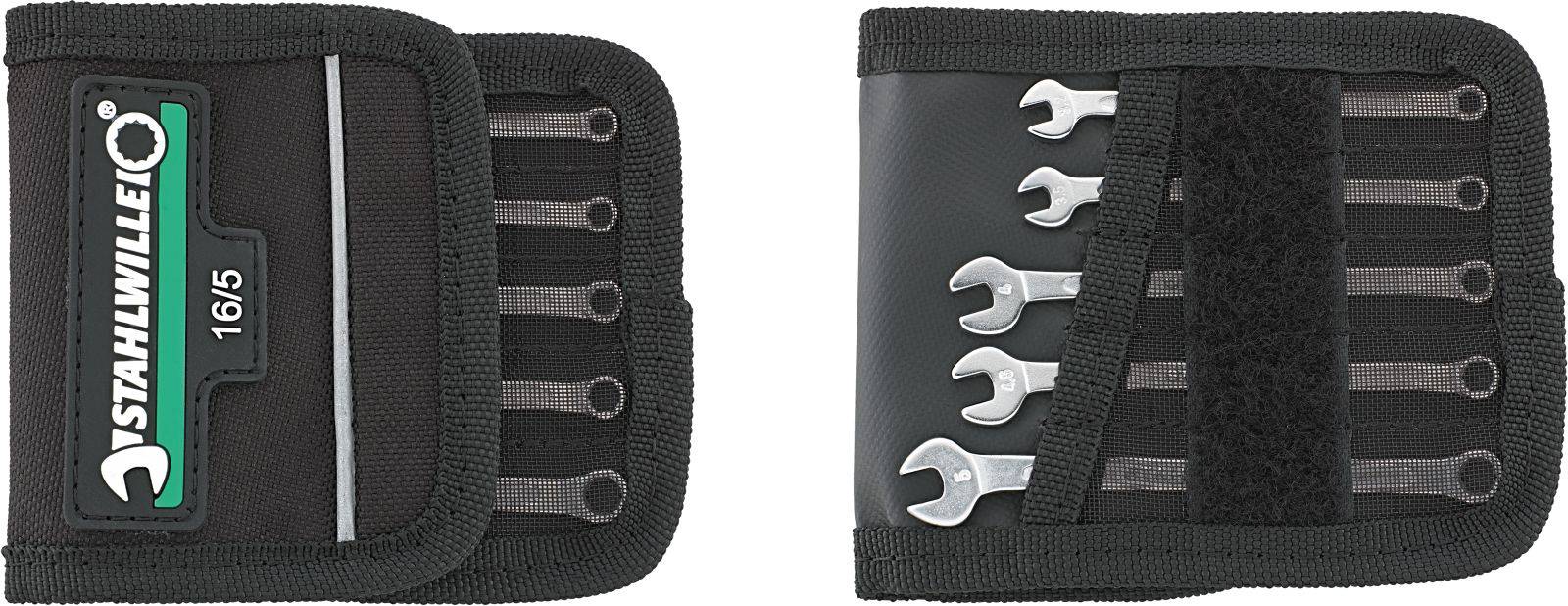 A set of small spanners in a black storage bag with a hook and loop fastener, laid out in two rows.