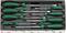 Set of eight screwdrivers in a box, green-black with different sizes, lined up in a plastic organiser.