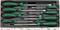 A set of eight screwdrivers with black handles and green accents in a box, arranged by size.