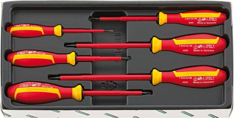 A set of six red and yellow screwdrivers, insulated up to 1000V, in a black storage box.