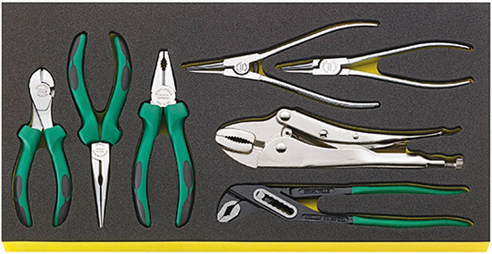 A tool set comprising three pliers, one grip plier and a chain pipe wrench. All tools are housed in a foam insert.