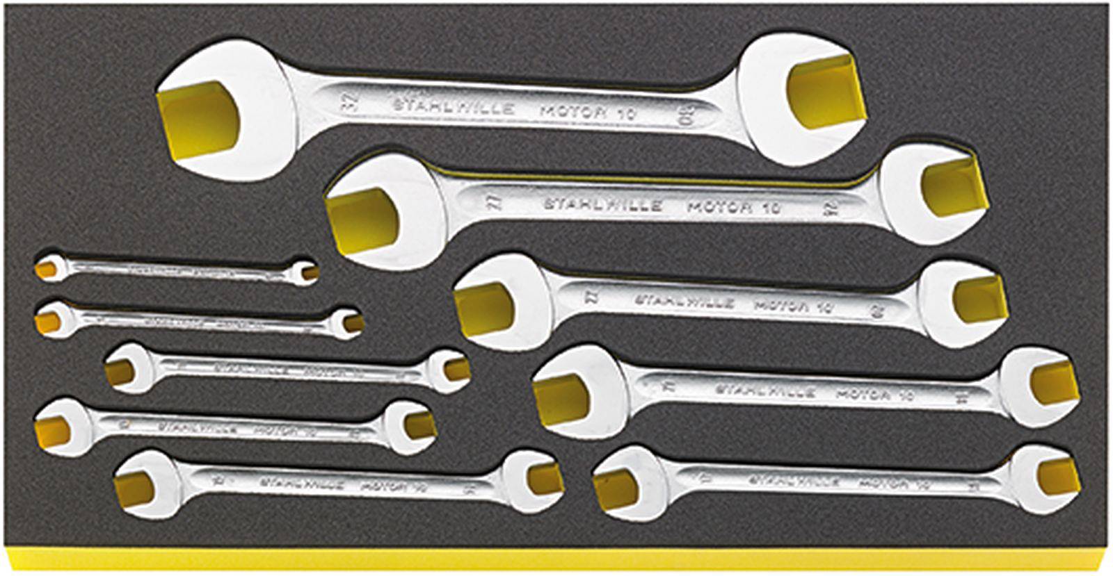 A set of open-ended spanners in various sizes, neatly arranged in a foam insert, for storage or transportation.
