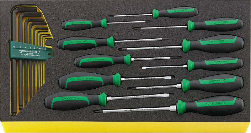 A set of screwdrivers and Allen keys in a yellow box. Contains various sizes, properly placed in foam inserts.