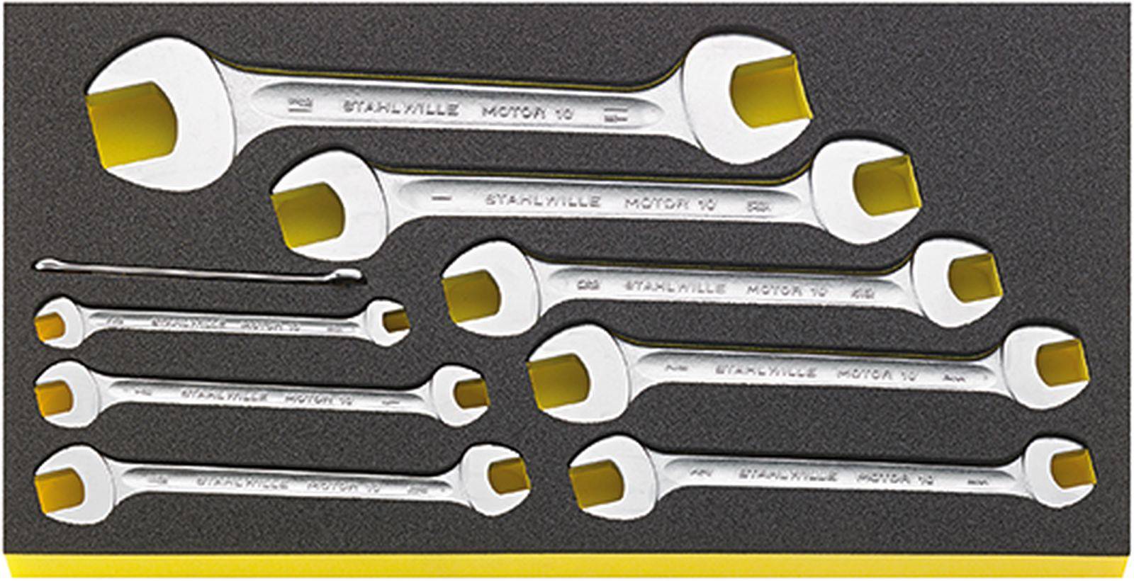 A set of ten open-ended spanners in various sizes, arranged in a tool foam insert for easy storage.
