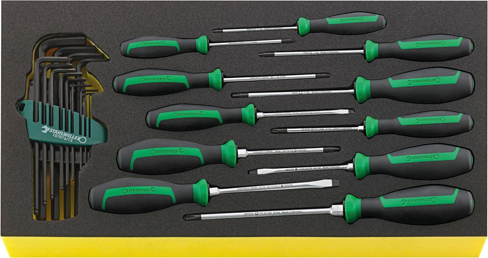 Screwdriver set with nine screwdrivers and eight Allen keys in a foam insert. Handles black and green, metal parts with a glossy finish.